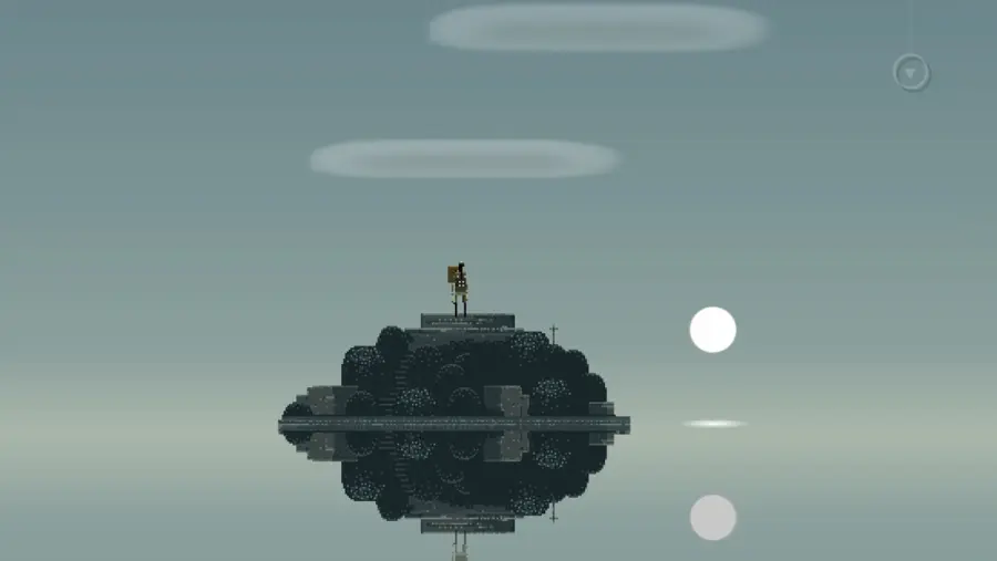 Sword and Sworcery pixel art landscape shown in landscape orientation, the same view the two Canadian one-star reviews describe as distorted on newer iPhones.